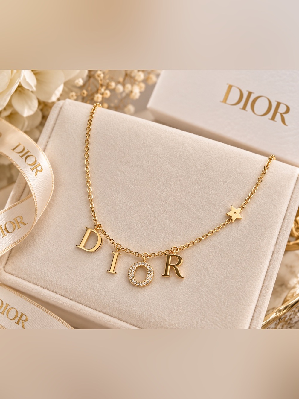 Dior Gold Letter Charm Necklace with Crystal O
